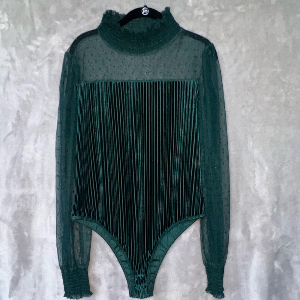 MESH LONG SLEEVE VELVET BODYSUIT. NWOT. Color: Green Size:XL